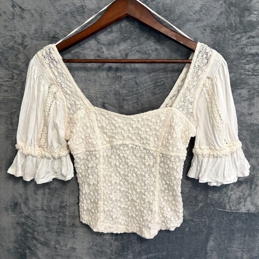 Free People Ivory Cream Lace Square Neck Boho Cottagecore Top Blouse XS